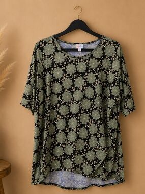 LuLaRoe Black Tee with Olive Floral Medallion Print